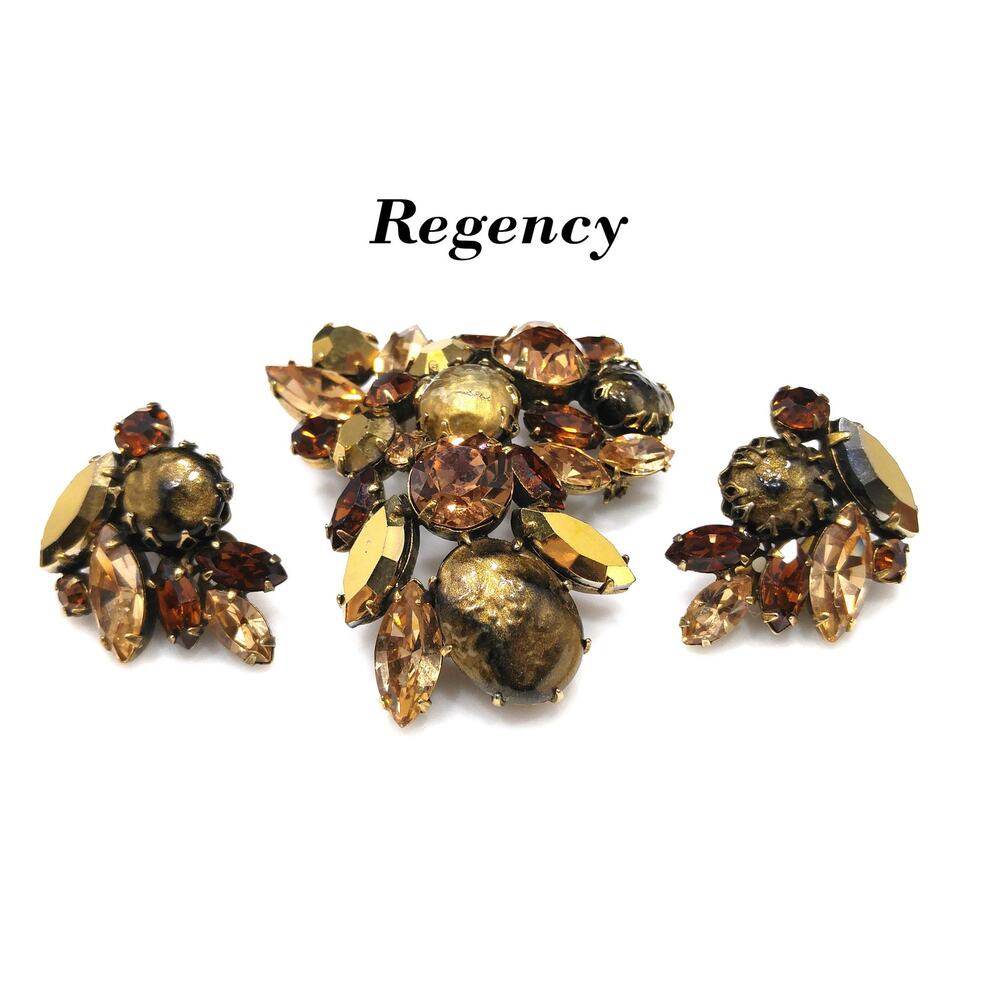 Regency 1950s Brooch Earrings Set Gold Baroque Pearl Topaz Rhinestone Vintage